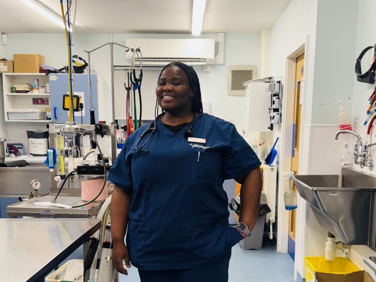Sinawo Jack, veterinary surgeon, standing confidently in a Vets Now clinic with medical equipment in the background.